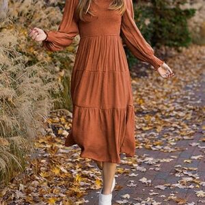 Tobrief Fall Dresses for Women Casual Smocked Beach Long Sleeve Midi Long Dress Rust L