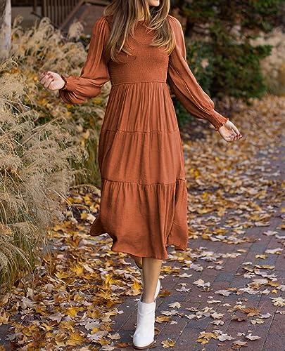 Tobrief Fall Dresses for Women Casual Smocked Beach Long Sleeve Midi Long Dress Rust L