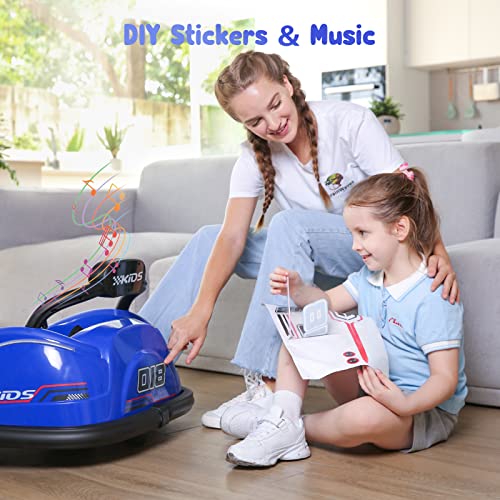 ELEMARA Bumper Car for Toddlers, 12V Electric Ride On Car Baby Bumper Car with 2 Driving Modes, Remote Control, Safety Belt,LED Lights and DIY Stickers , Kids, Large, Blue