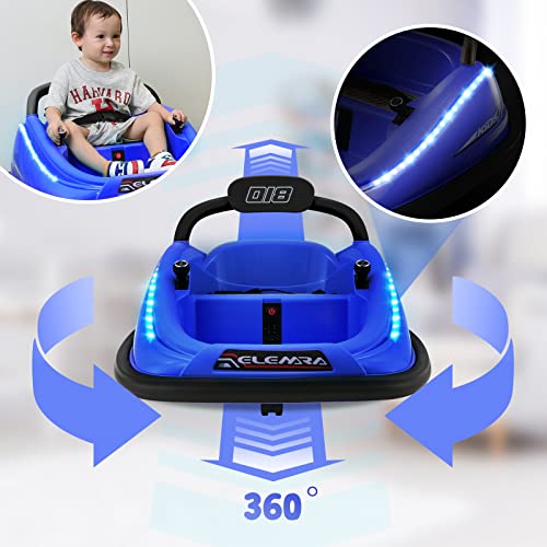 ELEMARA Bumper Car for Toddlers, 12V Electric Ride On Car Baby Bumper Car with 2 Driving Modes, Remote Control, Safety Belt,LED Lights and DIY Stickers , Kids, Large, Blue