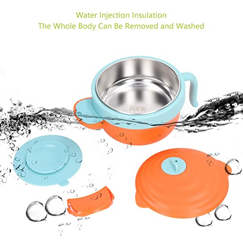 Baby Suction Bowls, Stay Put Suction Bowl with Lid Toddler Feeding Set Safe Dishwasher Detachable Stainless Steel Interior Weaning Insulation Bowl(Orange)