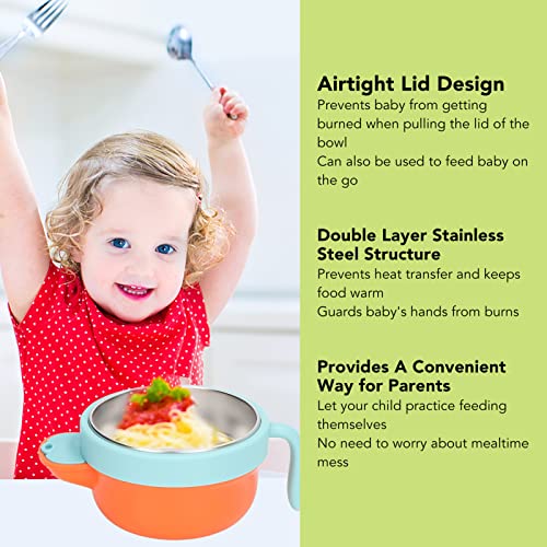 Baby Suction Bowls, Stay Put Suction Bowl with Lid Toddler Feeding Set Safe Dishwasher Detachable Stainless Steel Interior Weaning Insulation Bowl(Orange)