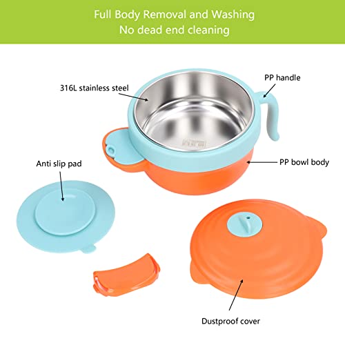 Baby Suction Bowls, Stay Put Suction Bowl with Lid Toddler Feeding Set Safe Dishwasher Detachable Stainless Steel Interior Weaning Insulation Bowl(Orange)