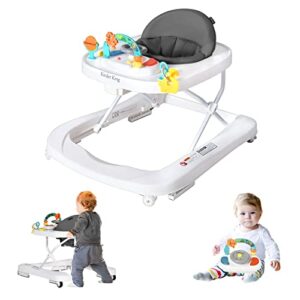kinder king activity baby walker, 3 in 1 folding learning walker for boys girls, seated or push behind, infant activity center w/adjustable height & speed, music & lights toys, steering wheel, grey