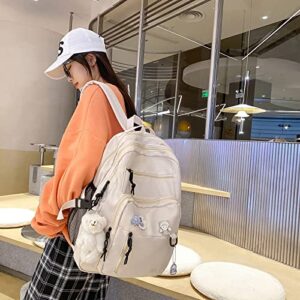 GAXOS Cute Aesthetic Backpack for School Middle Student Travel White Backpack Teens Girls Bear Pin Book Bags