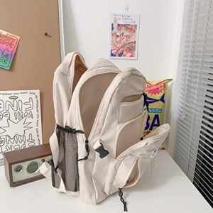 GAXOS Cute Aesthetic Backpack for School Middle Student Travel White Backpack Teens Girls Bear Pin Book Bags