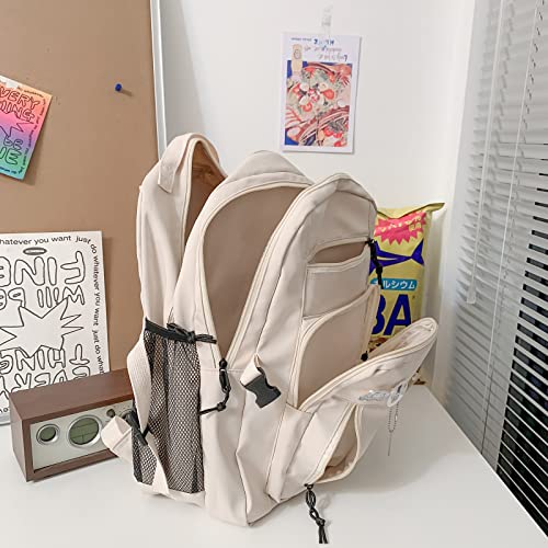 GAXOS Cute Aesthetic Backpack for School Middle Student Travel White Backpack Teens Girls Bear Pin Book Bags