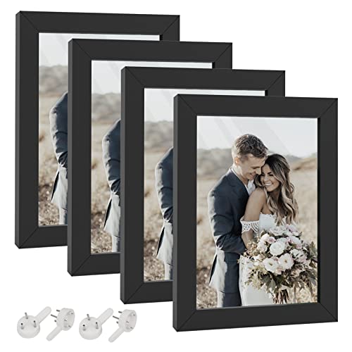 HappyHapi 4x6 Picture Frame,Set of 4 Wooden Black Picture Frames, Tabletop or Wall Display Decoration Photo Frames for Photos, Paintings, Landscapes, Posters, Artwork