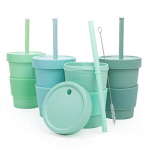 bamboo kids smoothie cups with tight sealing lids and silicone straws with stoppers - spill preventive cups for kids - 10 ounces set of 4