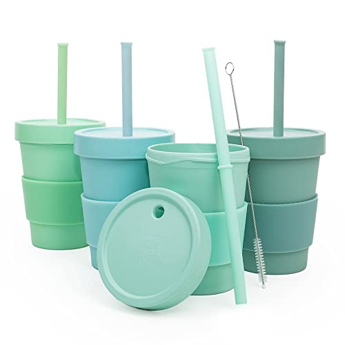 Bamboo Kids Smoothie Cups With Tight Sealing Lids and Silicone Straws With Stoppers - Spill Preventive Cups for Kids - 10 Ounces Set of 4