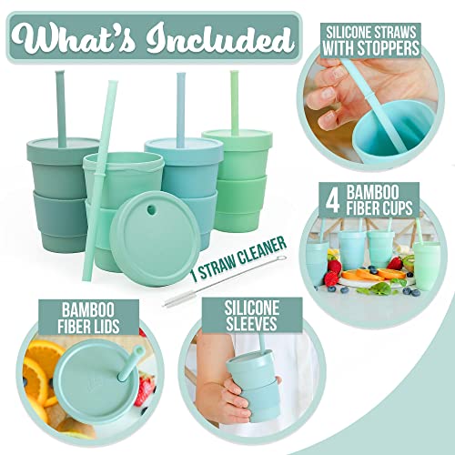 Bamboo Kids Smoothie Cups With Tight Sealing Lids and Silicone Straws With Stoppers - Spill Preventive Cups for Kids - 10 Ounces Set of 4