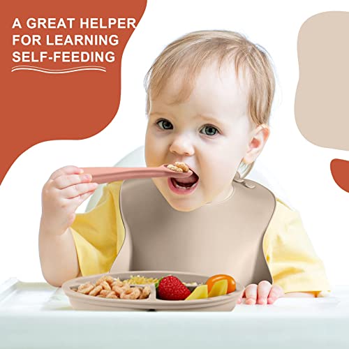 Potchen 10 Pack Silicone Baby Feeding Set, Toddlers Led Weaning Supplies with Suction Bowl Divided Plate Adjustable Bib Soft Spoon Fork, Infant Self Eating Utensil Set (Beige, Orange)