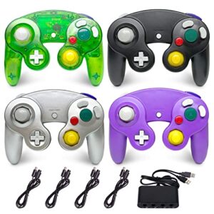 4 pack gamecube controller, with 4 extension cables and 4-port usb adapter for switch pc wii u console (black, purple, sliver, green)