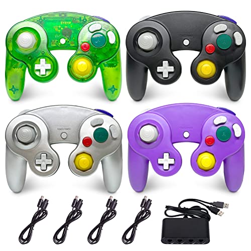 4 Pack Gamecube Controller, with 4 Extension Cables and 4-Port USB Adapter for Switch PC Wii U Console (Black, Purple, Sliver, Green)