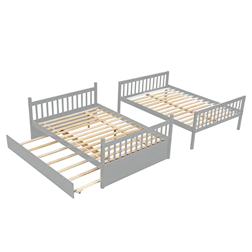 CITYLIGHT Full Over Full Bunk Beds with Trundle, Wooden Bunk Bed Full Over Full Size for Adults Teens, Detachable Full Bunk Bed Frame with High Length Guardrail,Grey