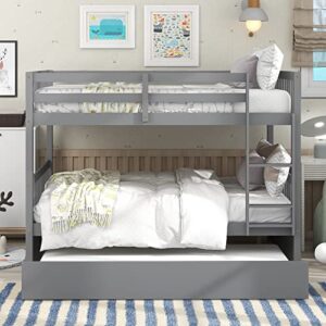 citylight full over full bunk beds with trundle, wooden bunk bed full over full size for adults teens, detachable full bunk bed frame with high length guardrail,grey
