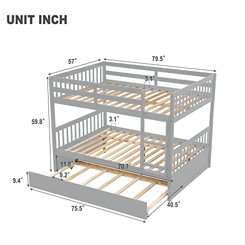CITYLIGHT Full Over Full Bunk Beds with Trundle, Wooden Bunk Bed Full Over Full Size for Adults Teens, Detachable Full Bunk Bed Frame with High Length Guardrail,Grey