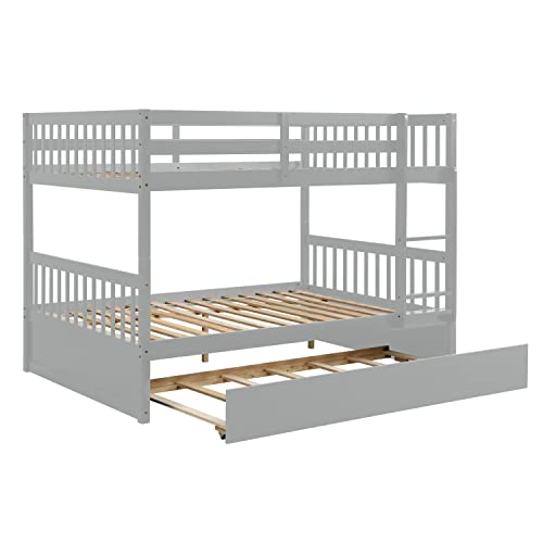 CITYLIGHT Full Over Full Bunk Beds with Trundle, Wooden Bunk Bed Full Over Full Size for Adults Teens, Detachable Full Bunk Bed Frame with High Length Guardrail,Grey