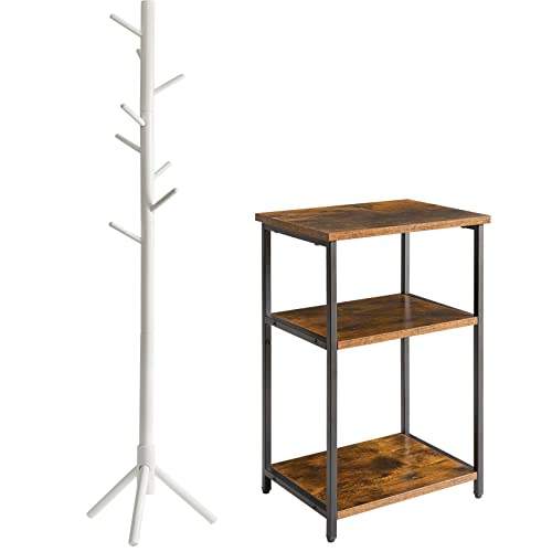 IBUYKE Coat Rack Stand Freestanding, 3-Tier Side Table, Coat Tree with 3 Adjustable Sizes and 8 Hooks, Industrial Small End Table with Storage Shelf, for Bedroom, Hallway RF-1194&TMJ402H