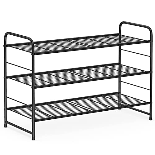 Coonoor 3 Tier Shoe Rack,Stackable and Adjustable Multi-Function Wire Grid Shoe Organizer Storage,Black