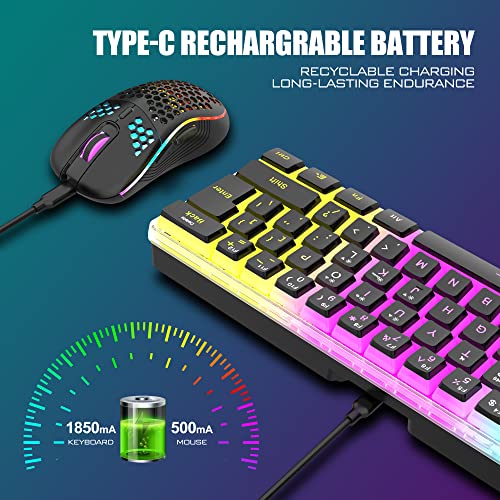RedThunder 60% Wireless Gaming Keyboard and Mouse Combo, RGB Backlit Rechargeable Battery Mechanical Feel Mini Keyboard with Pudding Keycaps + Lightweight 7200 DPI Honeycomb Optical Mouse (Black)