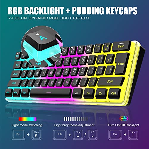 RedThunder 60% Wireless Gaming Keyboard and Mouse Combo, RGB Backlit Rechargeable Battery Mechanical Feel Mini Keyboard with Pudding Keycaps + Lightweight 7200 DPI Honeycomb Optical Mouse (Black)