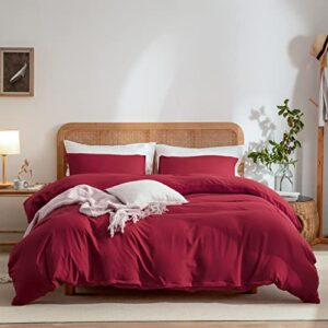 red duvet cover queen, 100% washed microfiber 3 pieces solid color casual red bedding set for men and women, with zipper closure, luxury ultra soft relaxed feel natural wrinkled comfy (red, queen)