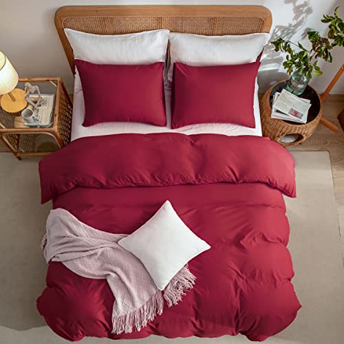 Red Duvet Cover Queen, 100% Washed Microfiber 3 Pieces Solid Color Casual Red Bedding Set for Men and Women, with Zipper Closure, Luxury Ultra Soft Relaxed Feel Natural Wrinkled Comfy (Red, Queen)