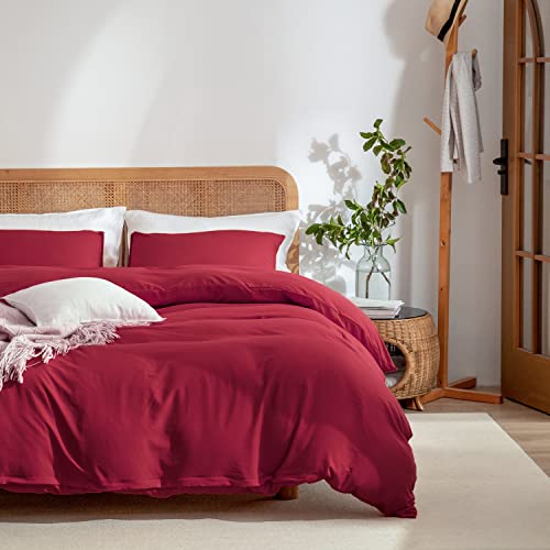 Red Duvet Cover Queen, 100% Washed Microfiber 3 Pieces Solid Color Casual Red Bedding Set for Men and Women, with Zipper Closure, Luxury Ultra Soft Relaxed Feel Natural Wrinkled Comfy (Red, Queen)