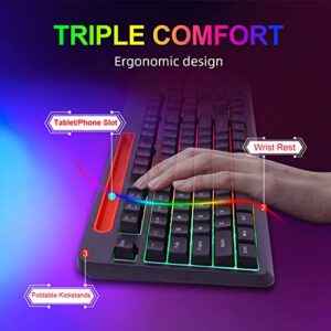 Snpurdiri Wireless Gaming Keyboard and Mouse Combo, True RGB Rechargeable Full Size Anti-ghosting Keyboard with Tablet/Phone Bracket, RGB Mouse,Long Battery Life for Gaming, Office