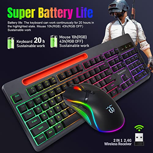 Snpurdiri Wireless Gaming Keyboard and Mouse Combo, True RGB Rechargeable Full Size Anti-ghosting Keyboard with Tablet/Phone Bracket, RGB Mouse,Long Battery Life for Gaming, Office