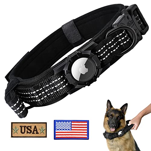 Tieuwant Tactical AirTag Dog Collar, Adjustable Air Tag Dog Collar, Military Training Nylon Dog Collar with Apple AirTag Holder and Control Handle for Medium Large Dogs (L, Black)