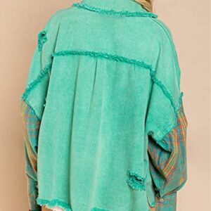 Zontroldy Denim Jean Jacket Shirt for Women Plaid Patchwork Distressed Ripped Frayed Denim Jean Jackets Shacket(0828-Green-M)