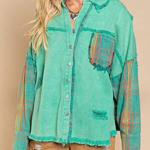 Zontroldy Denim Jean Jacket Shirt for Women Plaid Patchwork Distressed Ripped Frayed Denim Jean Jackets Shacket(0828-Green-M)