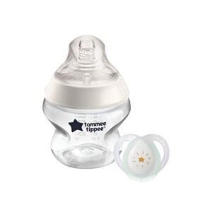 tommee tippee closer to nature baby bottle, breast-like nipple with anti-colic valve, 5oz, 1 count, includes newborn pacifier