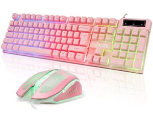 pink keyboard and mouse gaming setup usb wired kawaii combo multi color rgb backlit non-conflict brown mechanical switch feel 4200dpi mice for pc game host ps4 ps5 computer