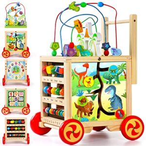 baby walker toys for 1 year old boy girl montessori toys for 1 2 3 year old 6 in 1 baby activity and activity center wooden toys walker with wheels activity cube table infant baby toys 12-18 months