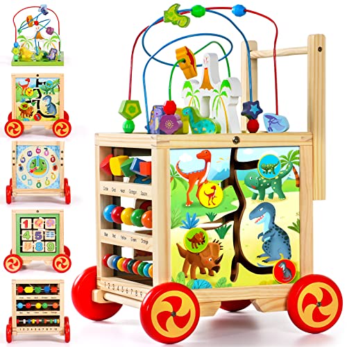 Baby Walker Toys for 1 Year Old Boy Girl Montessori Toys for 1 2 3 Year Old 6 in 1 Baby Activity and Activity Center Wooden Toys Walker with Wheels Activity Cube Table Infant Baby Toys 12-18 Months