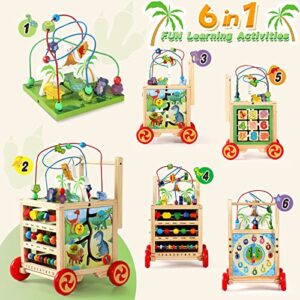 Baby Walker Toys for 1 Year Old Boy Girl Montessori Toys for 1 2 3 Year Old 6 in 1 Baby Activity and Activity Center Wooden Toys Walker with Wheels Activity Cube Table Infant Baby Toys 12-18 Months