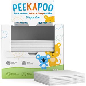 peekapoo - 50 pack, 100% cotton baby burp cloths + wash cloths | biodegradable + disposable | soft, thick, baby washcloths, unscented, hypoallergenic burping cloth, clean towels xl, sensitive skin