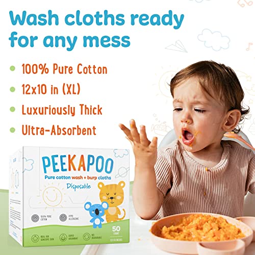 Peekapoo - 50 Pack, 100% Cotton Baby Burp Cloths + Wash Cloths | Biodegradable + Disposable | Soft, Thick, Baby Washcloths, Unscented, Hypoallergenic Burping Cloth, Clean Towels XL, Sensitive Skin