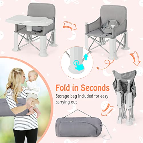 BABY JOY Travel Booster Seat with Double Tray, Folding Portable High Chair Booster Seat for Dining Table, Indoor/Outdoor Use, Camping, Beach, Lawn, Compact Baby Seat with Straps & Carrying Bag