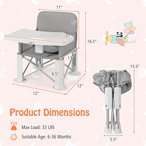 BABY JOY Travel Booster Seat with Double Tray, Folding Portable High Chair Booster Seat for Dining Table, Indoor/Outdoor Use, Camping, Beach, Lawn, Compact Baby Seat with Straps & Carrying Bag