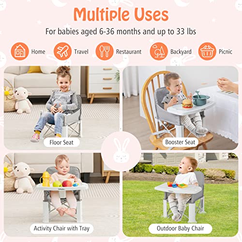 BABY JOY Travel Booster Seat with Double Tray, Folding Portable High Chair Booster Seat for Dining Table, Indoor/Outdoor Use, Camping, Beach, Lawn, Compact Baby Seat with Straps & Carrying Bag