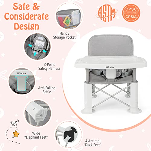 BABY JOY Travel Booster Seat with Double Tray, Folding Portable High Chair Booster Seat for Dining Table, Indoor/Outdoor Use, Camping, Beach, Lawn, Compact Baby Seat with Straps & Carrying Bag