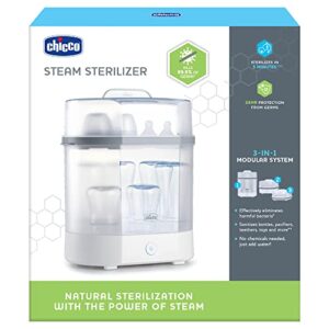 Chicco Baby Bottle Steam Sterilizer 3 in 1 modular system - eliminates 99.9% of harmful bacteria in baby bottles, quickly and naturally with the power of steam, White/Grey