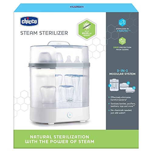 Chicco Baby Bottle Steam Sterilizer 3 in 1 modular system - eliminates 99.9% of harmful bacteria in baby bottles, quickly and naturally with the power of steam, White/Grey