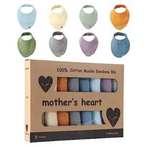 mother's heart bandana drool bibs - natural cotton muslin baby bibs - highly absorbent polyester-free and plastic-free for teething - set of 8 solid color bandanas for boys & girls