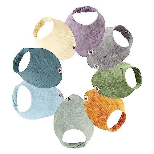 Mother's Heart Bandana Drool Bibs - Natural Cotton Muslin Baby Bibs - Highly Absorbent Polyester-Free and Plastic-Free for Teething - Set of 8 Solid Color Bandanas for Boys & Girls