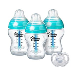 tommee tippee advanced anti-colic bottle starter set | 3x 9oz bottles, breast-like nipples, unique anti-colic vent | 0-6m ultra-light silicone pacifier
